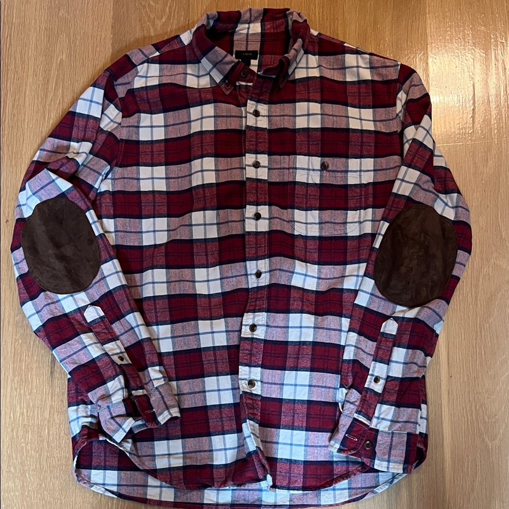 J. Crew Men’s L Red and White Plaid Shirt with Elbow Patches